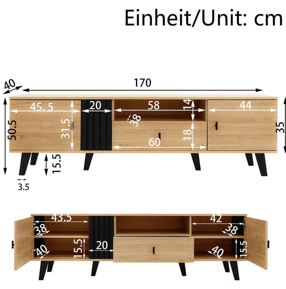 TV-ELEMENT mit 2 Türen und Schublade 170 cm Holzoptik Schwarz - Braun, Glas (40/50.5/170cm) - Beauniv