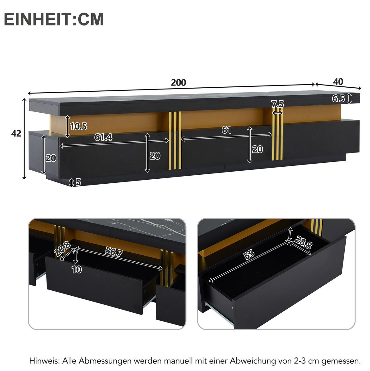 TV-SCHRANK in schwarzer Marmor-Optik mit 3 Schubladen 200/40/42 cm - Schwarz, Holzwerkstoff (200/42/40cm) - Redom