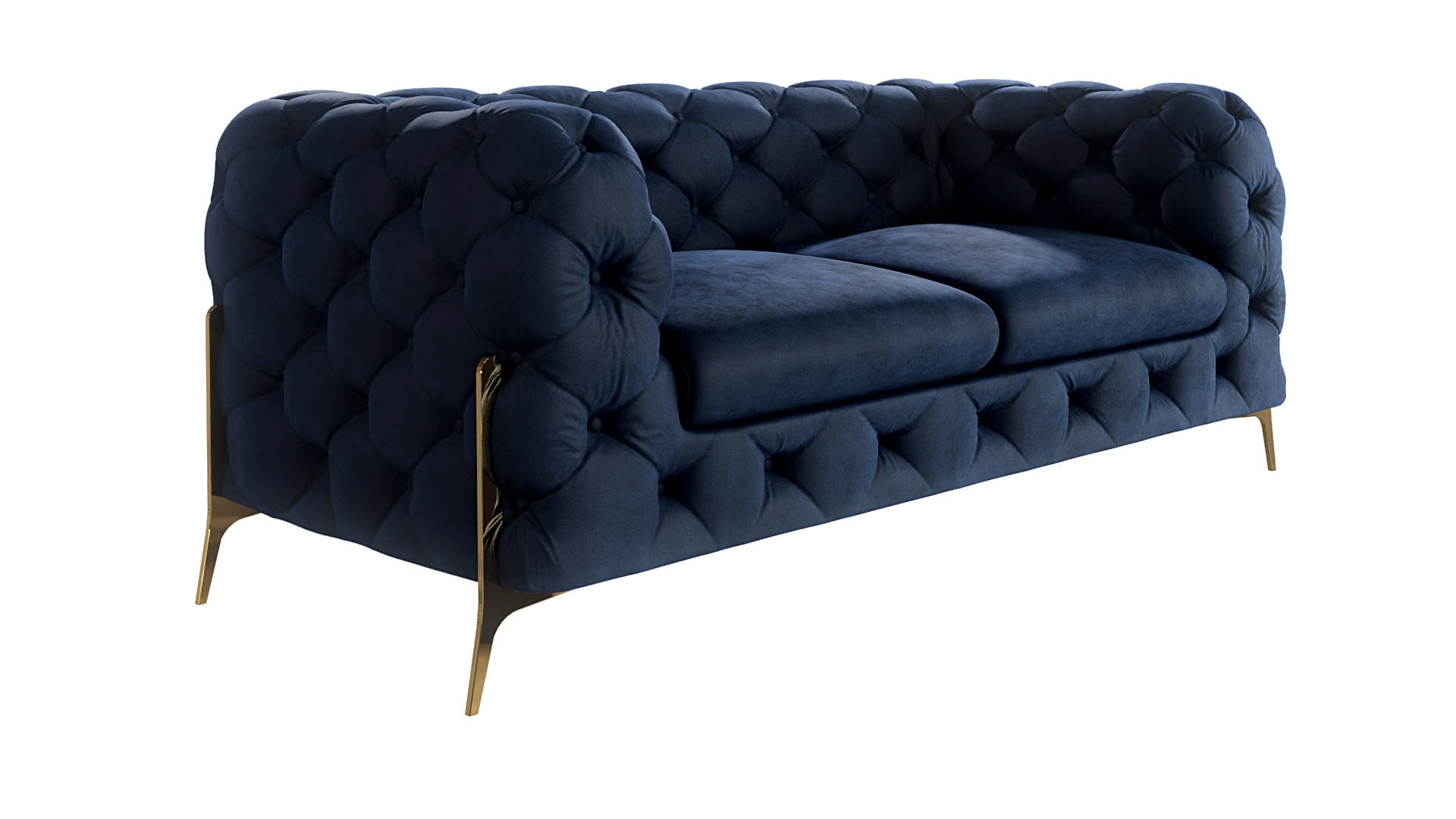 S-Style CHESTERFIELD DVOUMÍSTNÁ POHOVKA Lexi z tmavě modrého sametu se zlatými nohami