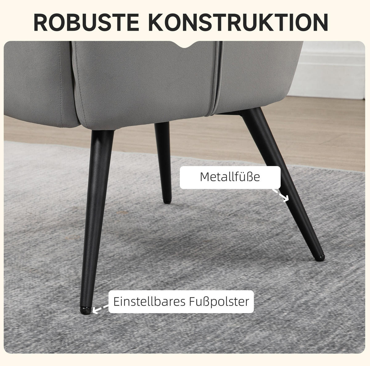 OHRENSESSEL 73/77,5/98 cm mit hoher Rückenlehne in Samtoptik, bis 120 kg - Hellgrau, Metall (77.5/98/73cm) - BEAOK