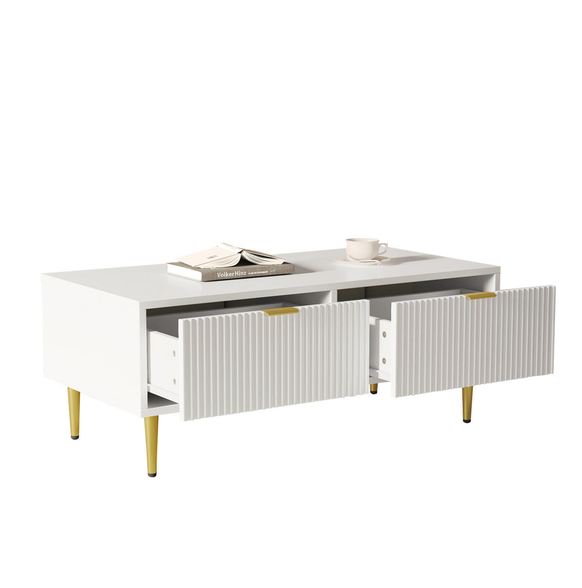 COUCHTISCH 100/50 cm mit 2 Schubladen und Ablageboden in Weiß/Gold - Weiß, Holzwerkstoff (100/50/40cm) - BEAOK