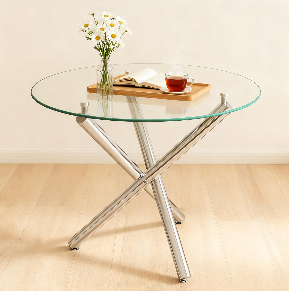 ESSTISCH 80/80/76 cm rund aus Glas und Metall in Silber - Silberfarben, Metall (80/80/76cm) - Flora Grace