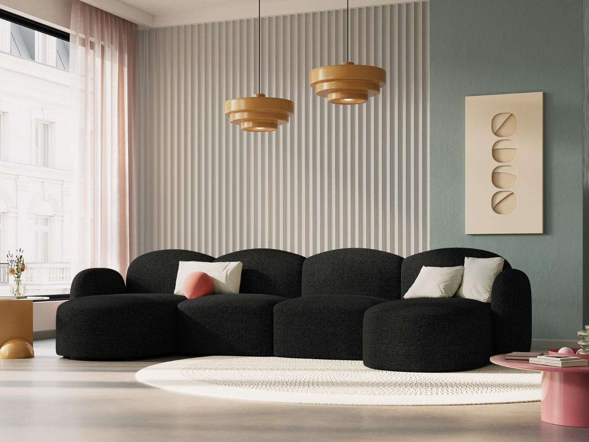 PANORAMASOFA Blair aus Chenille-Stoff mischung schwarz 6 Sitzplätze - Schwarz, Textil (155/80/350cm) - Micadoni