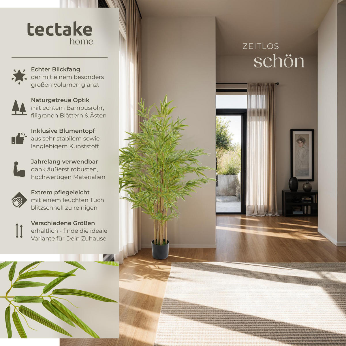 KÜNSTLICHER-BAMBUSBAUM Bambosa,stabiler Kunststoff-Blumentopf,grün - Grün, Kunststoff (150cm) - tectake