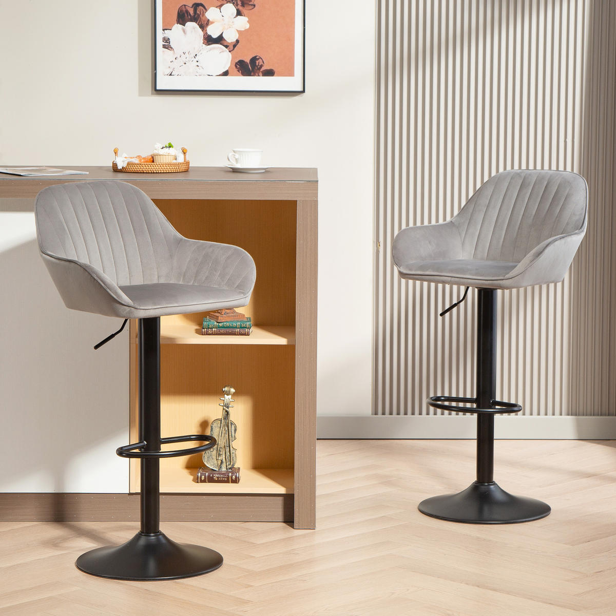 BARHOCKER 2er-Set DE-14770 höhenverstellbar & schwenkbar mit Veloursbezug Grau - Grau, Metall (50/107/50.5cm) - ComfortXL