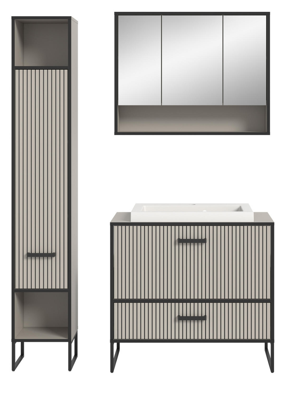 BADMÖBEL-SET schwarz, sand mit Waschbecken 125 cm, Kombination mit Soft-Close - Sandfarben/Schwarz, Glas/Keramik (125/192/48cm) - Inn.Furn