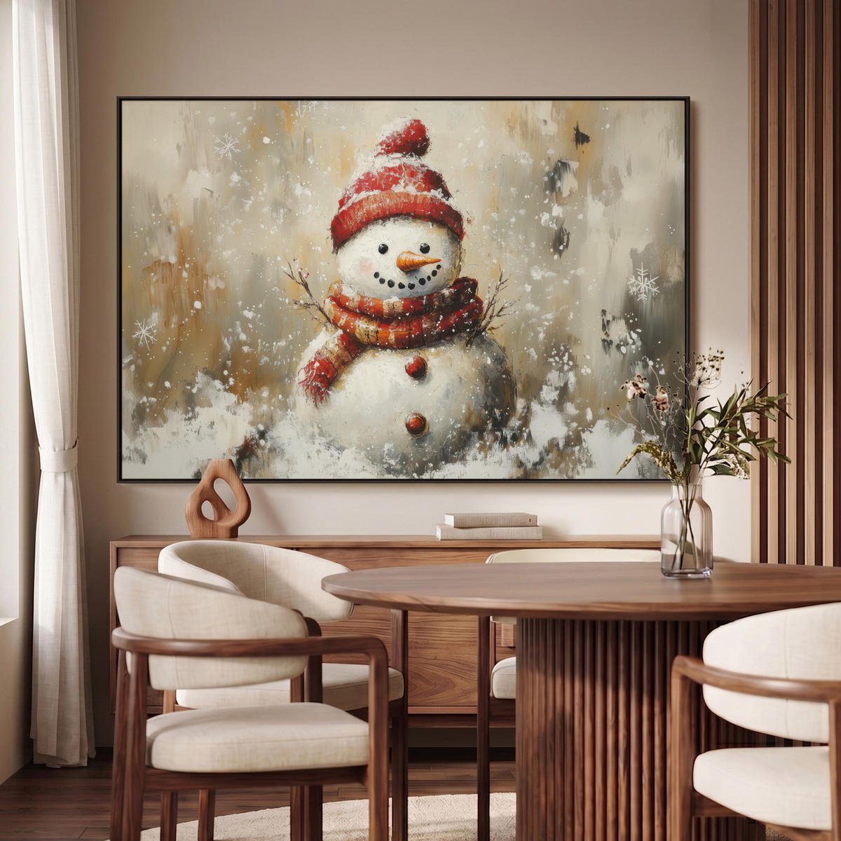 LEINWAND Bilder mit Rahmen - Schneemann - Winter - Schnee - Beige - 140x90 - Weiß, Textil (140/90cm) - MuchoWow