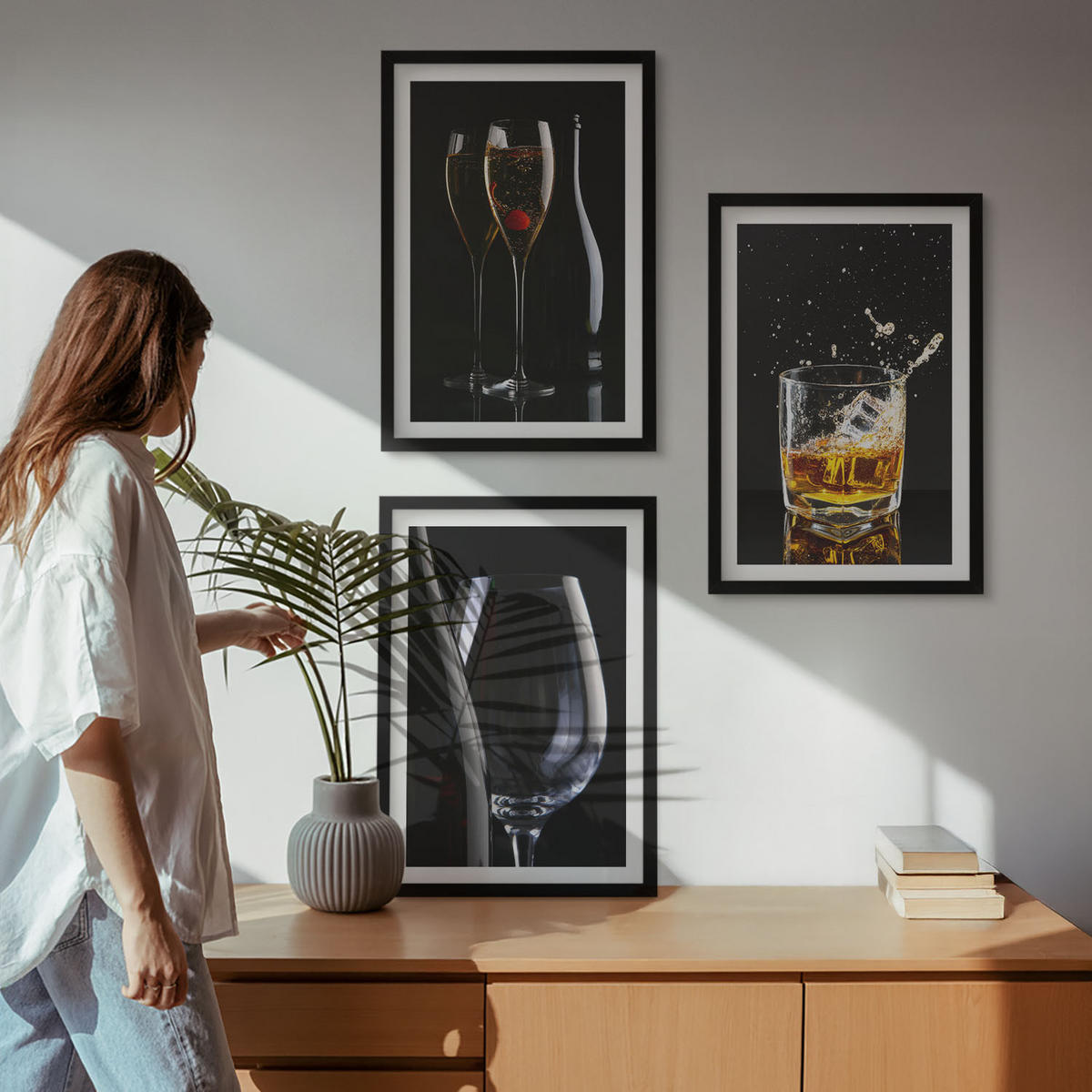 WANDBILDER 3er-Set - 40x60 cm Schwarzer Rahmen - Weingläser und Whiskygläser auf schwarzem Hintergrund - Schwarz, Kunststoff (40/60cm) - ArtPrintCave