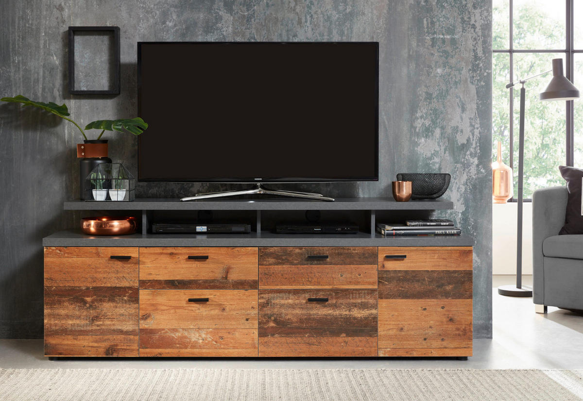 TV-LOWBOARD Old Used Wood Design mit grau Shabby 180 x 66 cm, TV Unterteil in Komforthöhe - Schwarz/Braun, Holzwerkstoff/Kunststoff (180/66/47cm) - Top.Furn
