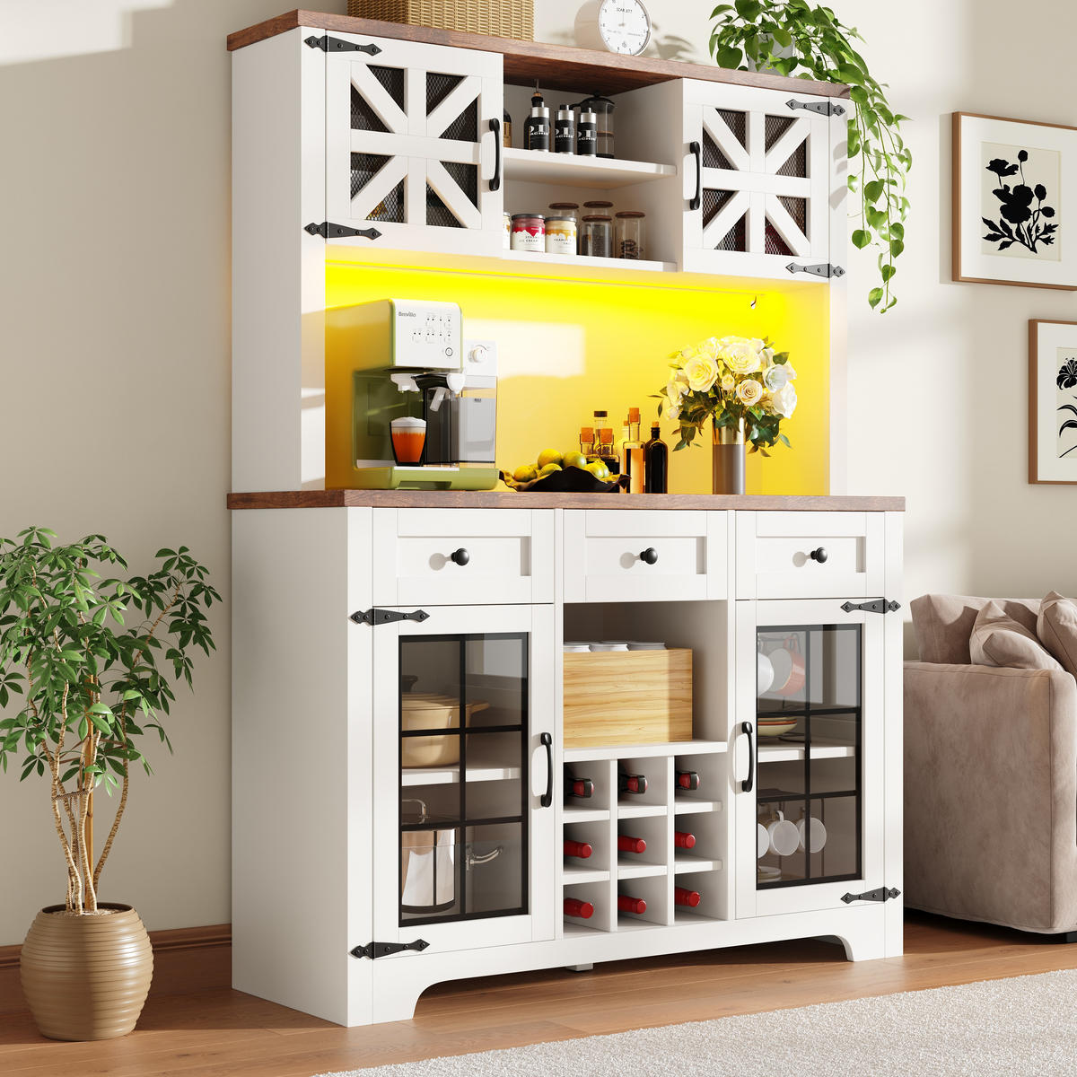 GESCHIRRSCHRANK aus MDF & Glas 120x40x180cm in Weiß mit Smart-LED - Weiß, Holzwerkstoff (120/180/40cm) - Modfu