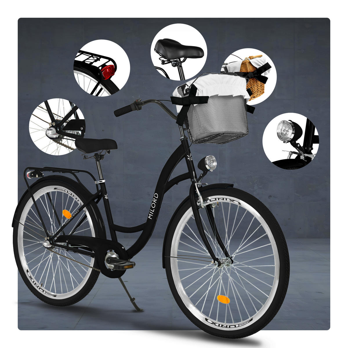 CITY-FAHRRAD Milord mit Metallkorb, 26 Zoll, Schwarz, 3-Gang - Schwarz, Metall (46cm) - Milordbikes