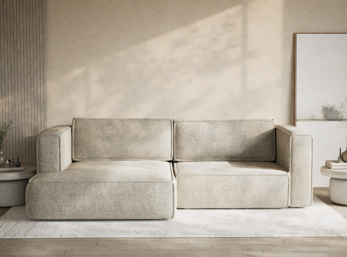 ECKSOFA MIT SCHLAFFUNKTION Velto Hellbeige Chenille-Stoff - Beige/Schwarz, Holz/Holzwerkstoff (152/250cm) - Maison de Reve