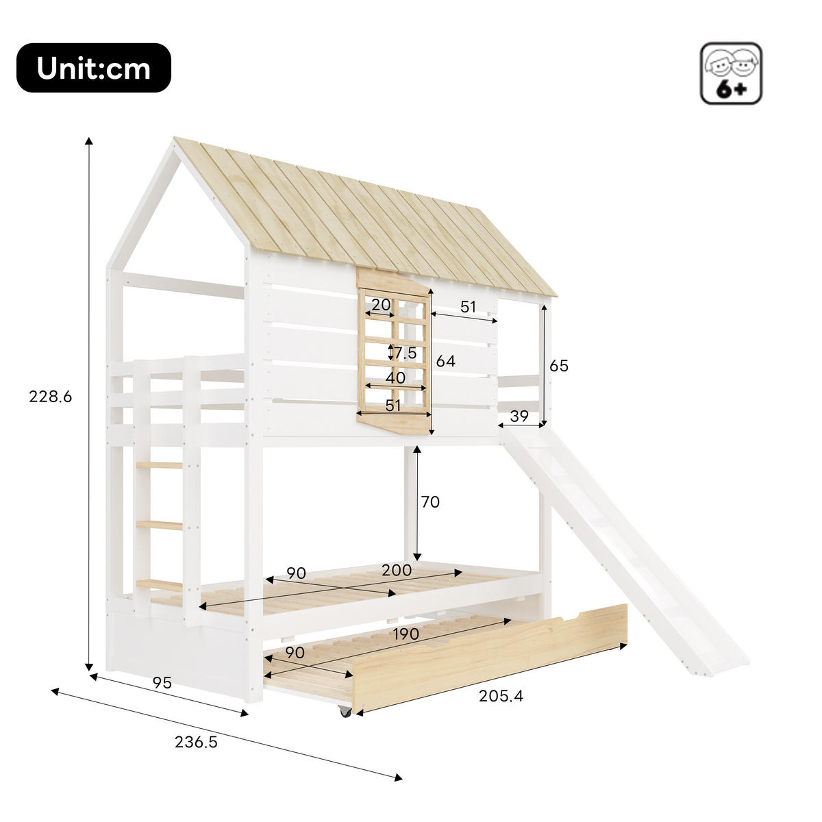 ETAGENBETT 90/200 cm Weiß aus Kiefer mit Rutsche und Ausziehbett - Weiß, Holzwerkstoff (90/200cm) - OKWISH