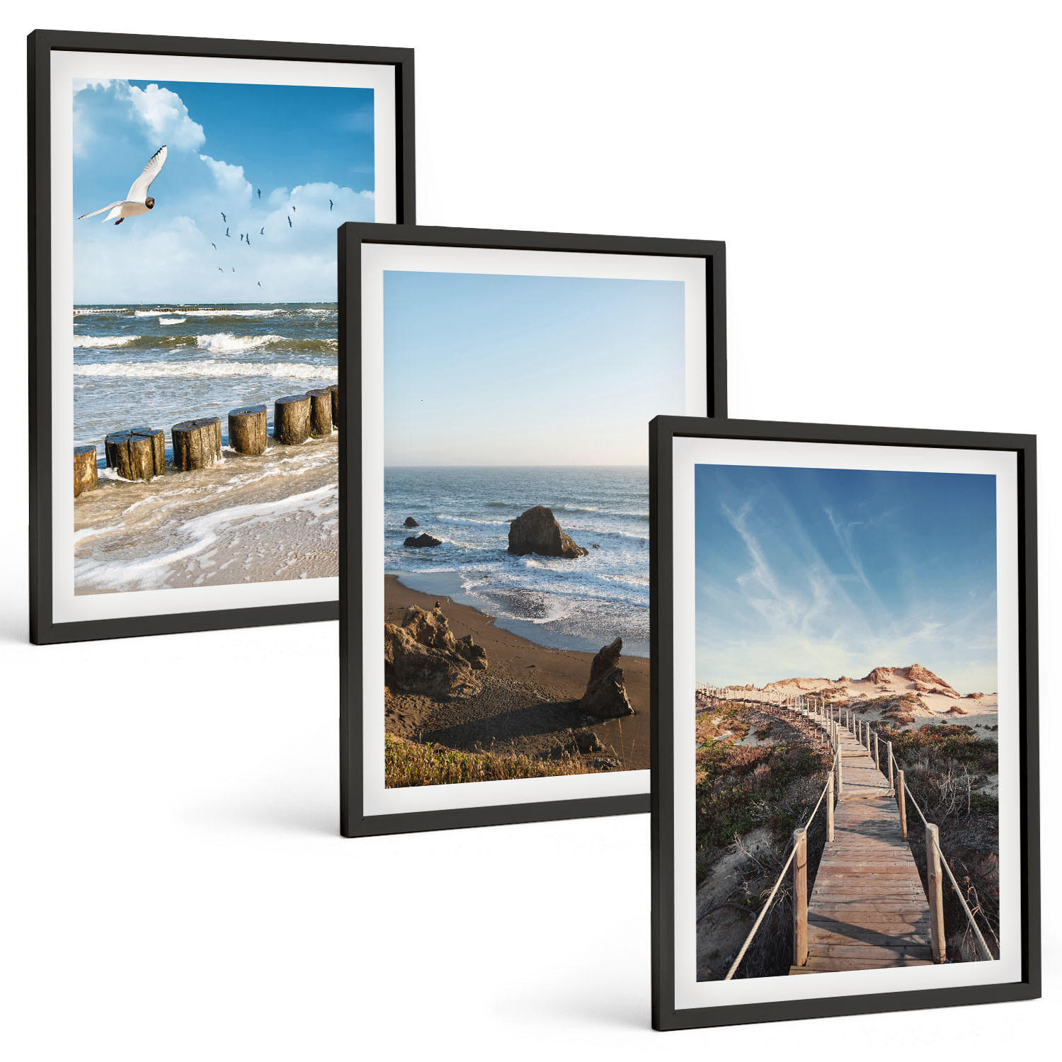 BILDER SET 3er Set - 40x60 cm Schwarzer Rahmen - Strandwellen, Himmelsbrücke, Spaziergang - Schwarz, Kunststoff (40/60cm) - TULUP