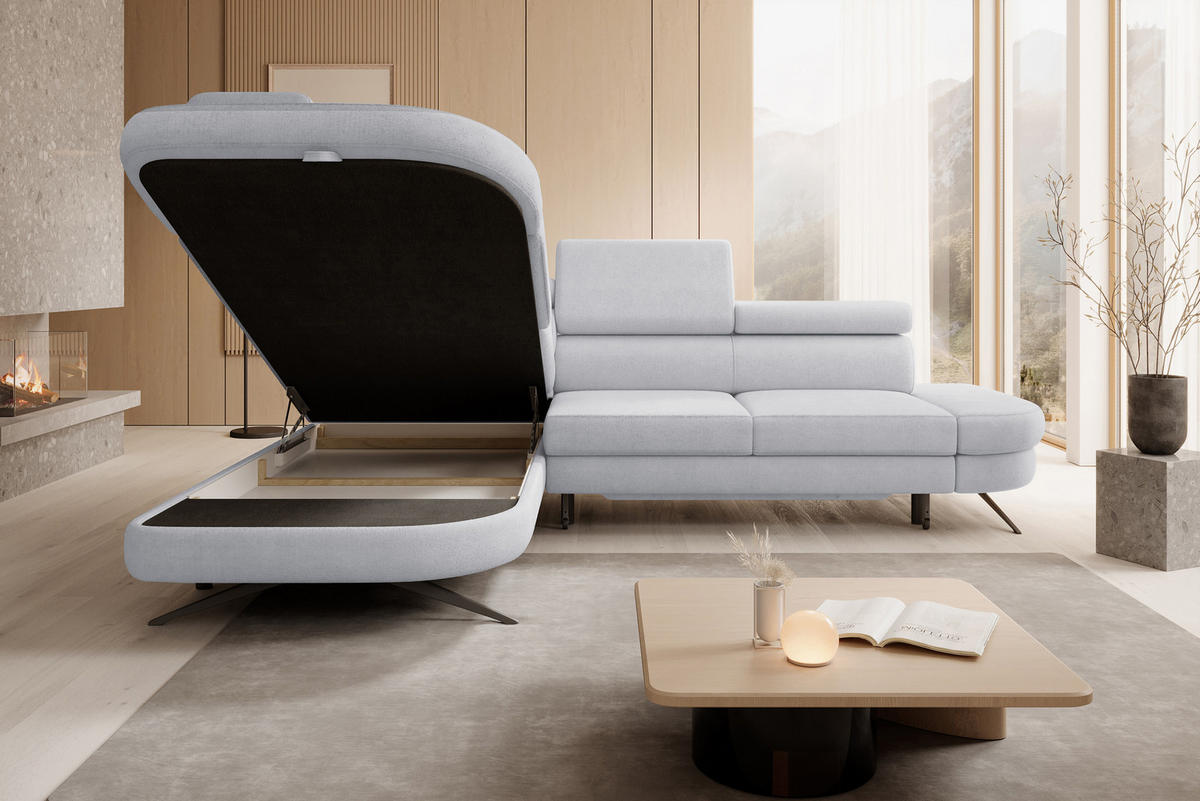 ECKSOFA OTIS L-förm, Schlaffunktion, verstellbare Kopfstützen, in AURORA-Stoff, lose Rückenkissen, freistehend, LINKS 218x276x97 cm Stainless colour - Edelstahlfarben, Holz/Textil (218/276cm) - DomoHome