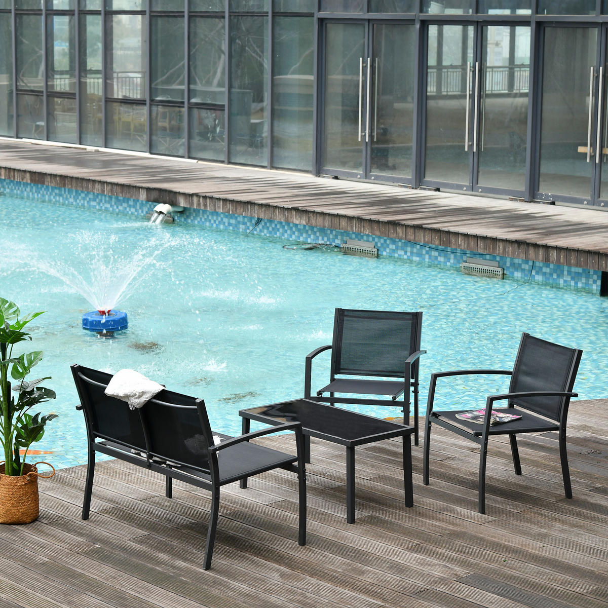 GARTENSET DE-13513 4-teilig mit Glastisch Schwarz - Schwarz, Metall - ComfortXL