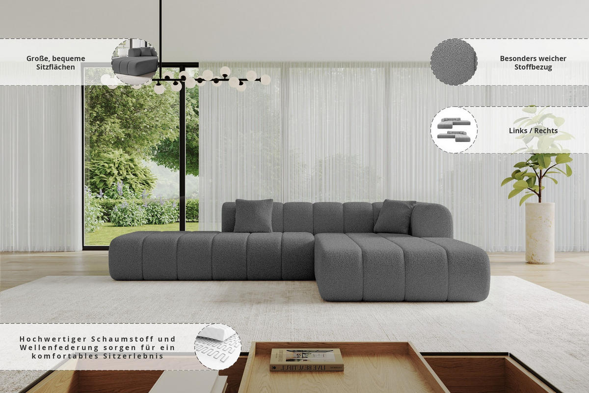 ECKSOFA Ottomane Rechts BILA-L 289x176x71 Grau Bouclé - Schieferfarben/Schwarz, Holzwerkstoff/Kunststoff (289/176cm) - ALTDECOR
