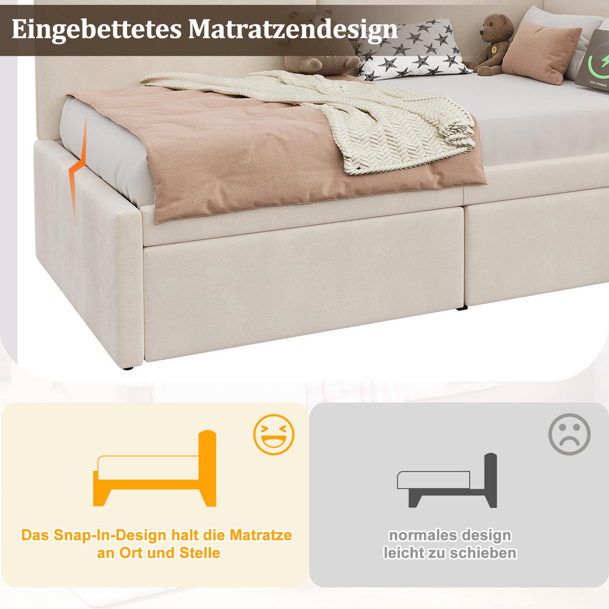 POLSTERBETT aus Samt 90x200 cm in Beige mit 2 Schubladen, USB-C & Leselampe - Beige, Textil (90/200cm) - Modfu