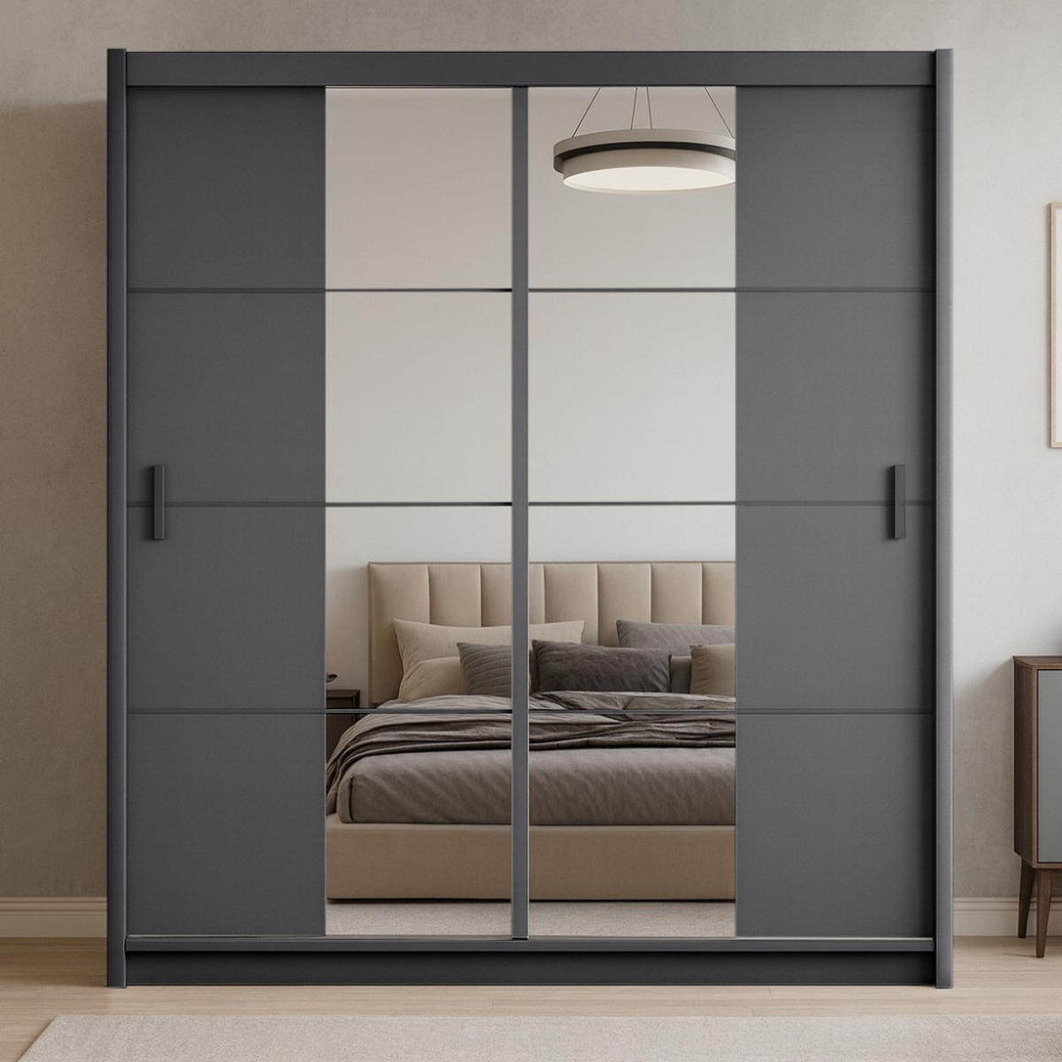 SCHWEBETÜRENSCHRANK Pronto mit 2 Türen und Spiegel, 203 cm, Grau - Grau, Holzwerkstoff (203/215/61cm) - Beautysofa