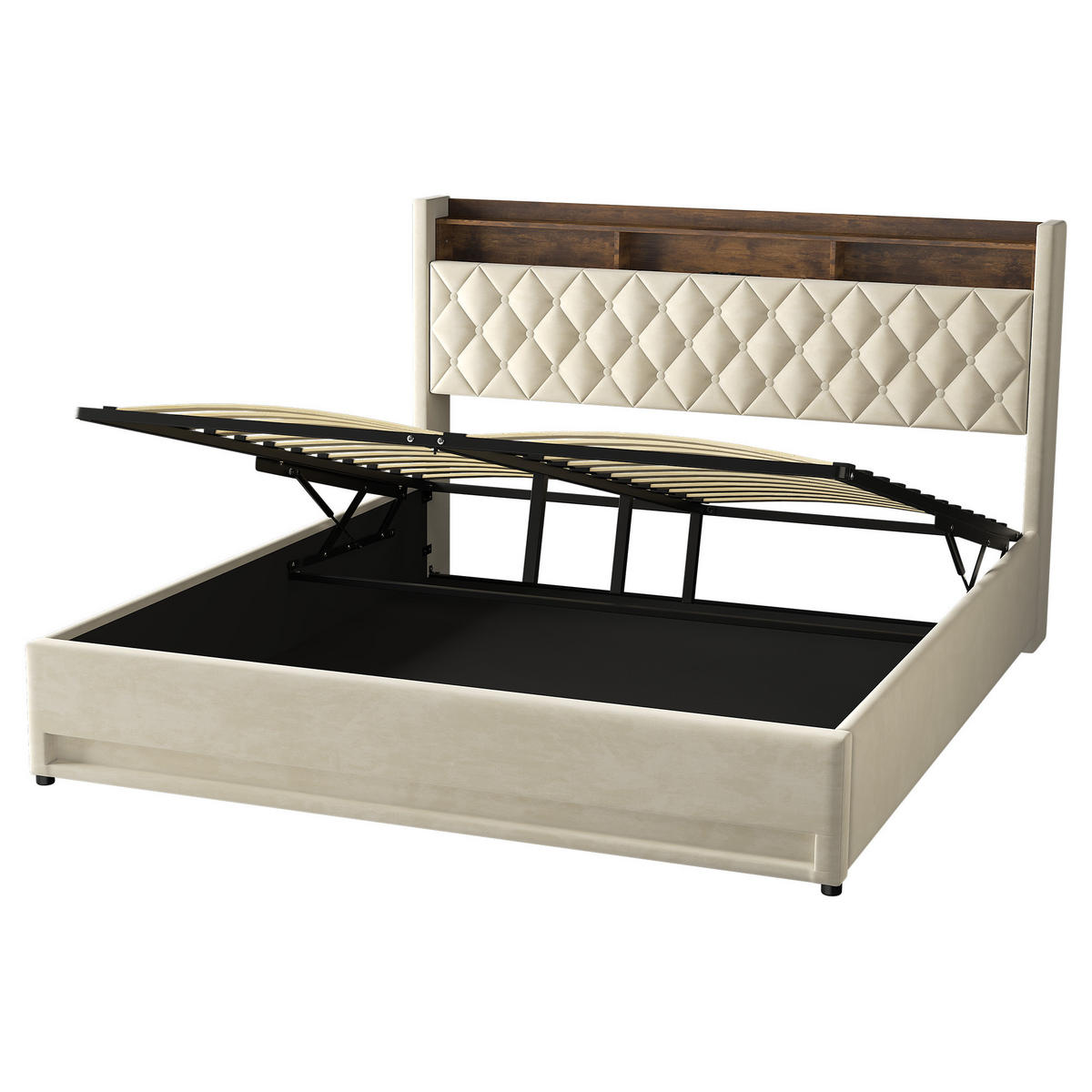 POLSTERBETT 180/200 cm in Beige Samt mit Bettkasten, LED-Beleuchtung und USB-Anschluss - Beige, Holzwerkstoff/Textil (180/200cm) - CHICFURN