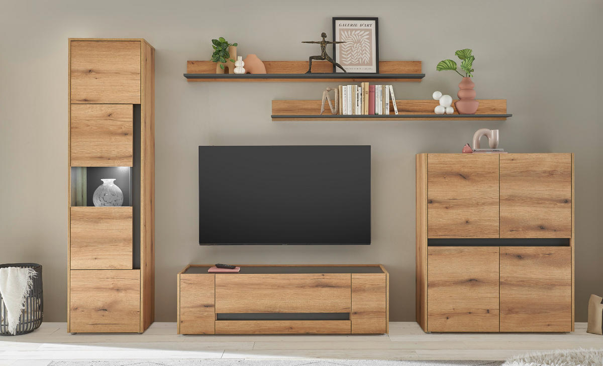 VITRINE Eiche Evoke 50 cm, Vitrinenschrank 3-türig mit 5 Fächern - Eichefarben/Schwarz, Glas/Holzwerkstoff (50/197/40cm) - Furn.Design