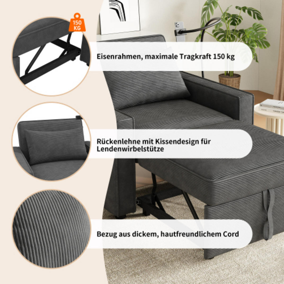 SCHLAFSOFA 93x150x85cm aus Cord mit Multifunktionales faltbares, grau - Grau, Textil (150/85/93cm) - Luhomfu