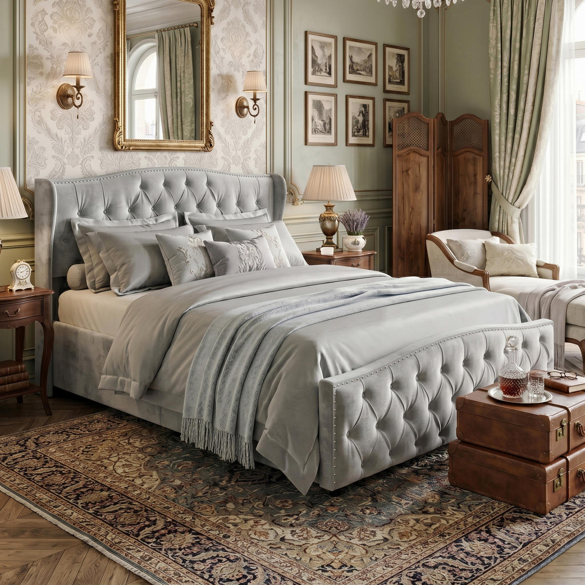 POLSTERBETT Wave-Design 140/200 cm mit Bettkasten & Nietendekor Samtstoff Grau - Grau, Textil (140/200cm) - Creahappy