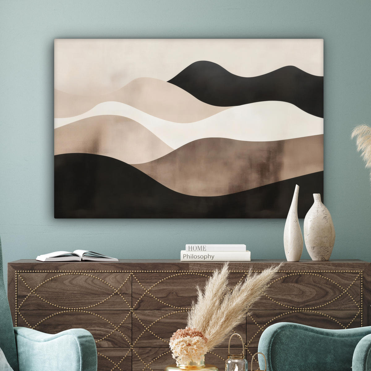 LEINWANDBILD Abstrakt - Landschaft - Wellen - Cremefarben Wohnzimmer 120x80 cm - Cappuccino, Textil (120/80cm) - MuchoWow