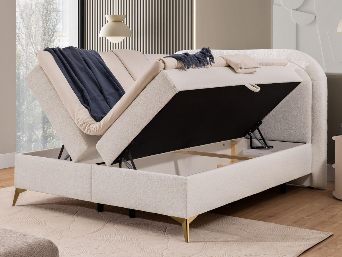 BOXBETT Sonna 140/200 cm Weiß Bouclé-Stoff mit abgerundetem Kopfteil und mit goldenen Metallfüßen - Goldfarben/Weiß, Holz/Textil (140/200cm) - S-Style Möbel
