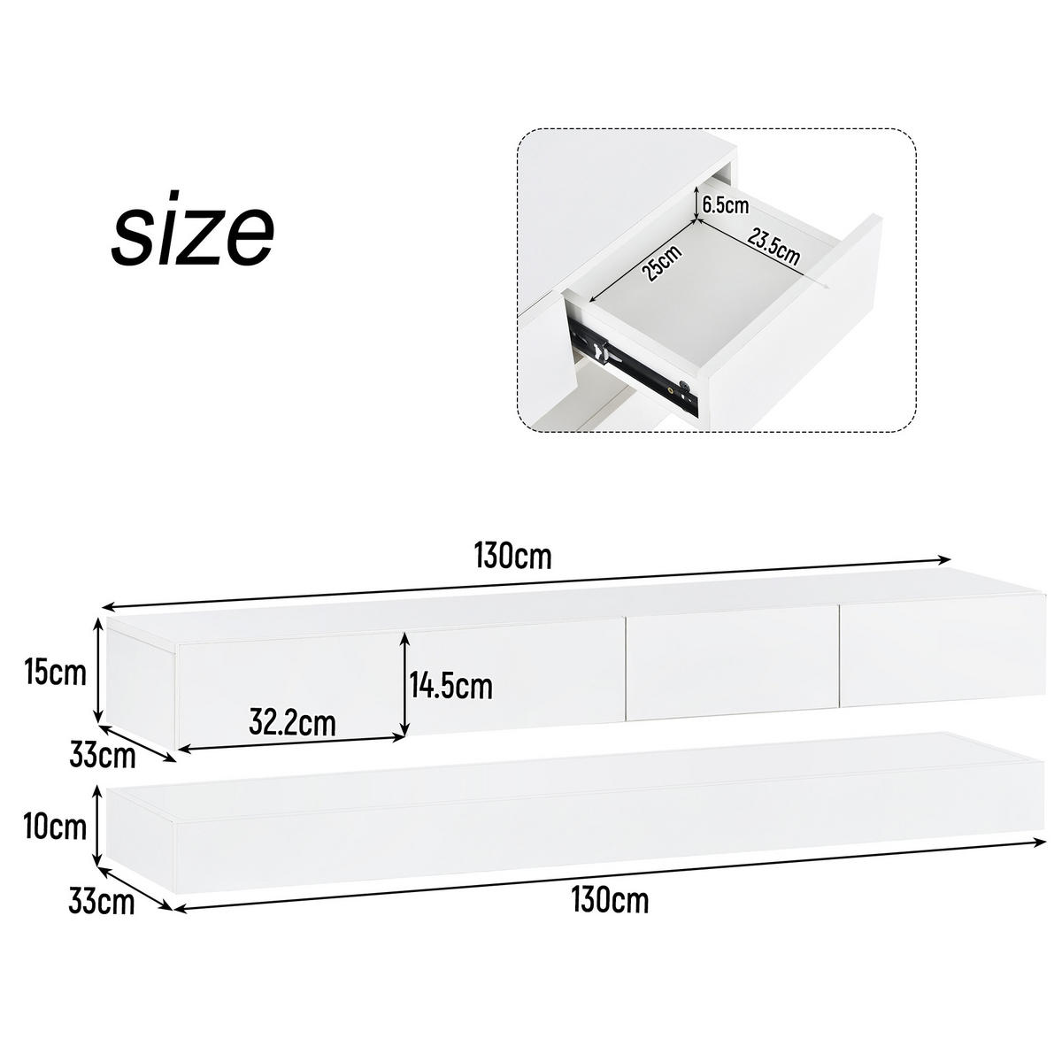 NÍZKA komoda z MDF, 130/33/15 cm biely, nástenný s LED osvetlením a 4 zásuvkami - biela, kompozitné drevo (130/15/33cm) - BEAOK