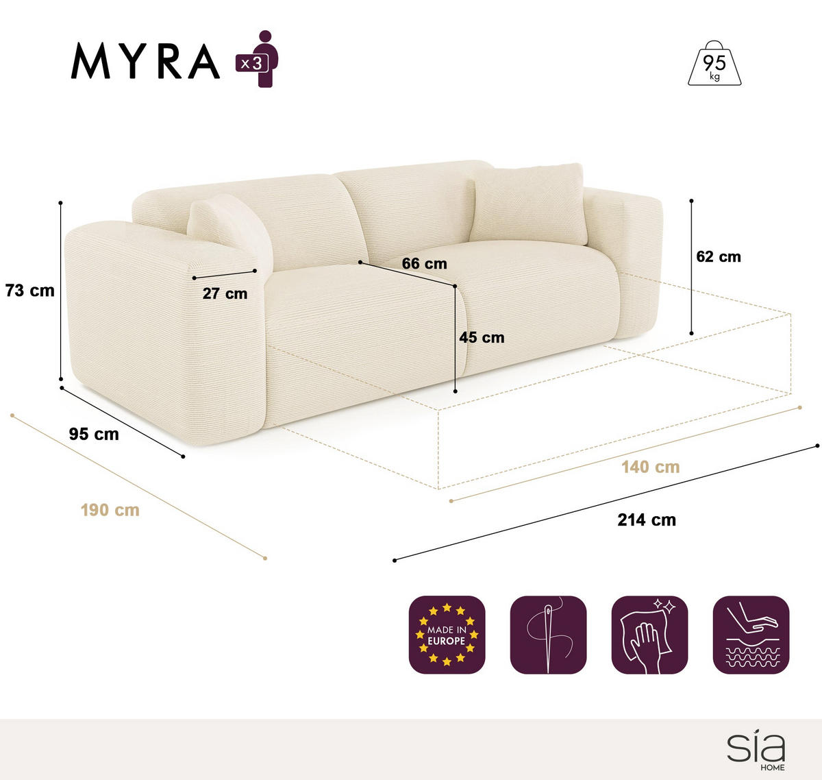 SCHLAFSOFA EXPRESS Dunlopillo Kordstoff creme 140 cm - Creme, Textil (214/73/95cm) - Sia Home