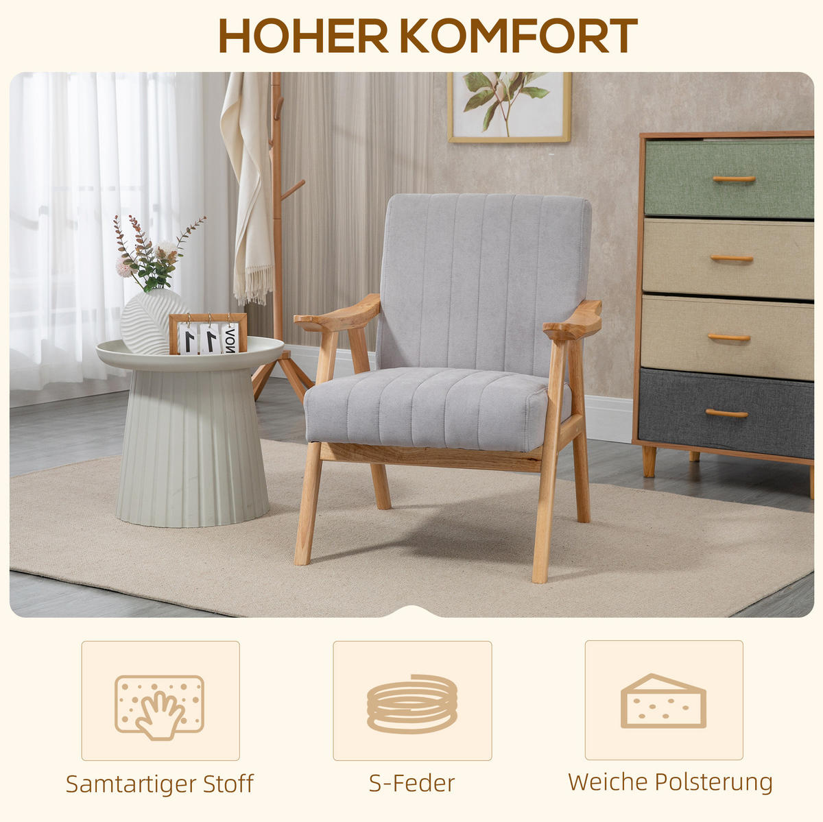 SESSEL 68x74x82 cm in Hellgrau, Skandi-Lounge mit Samtoptik, Gummiholzbeine - Hellgrau, Kunststoff (74/82/68cm) - Modfu