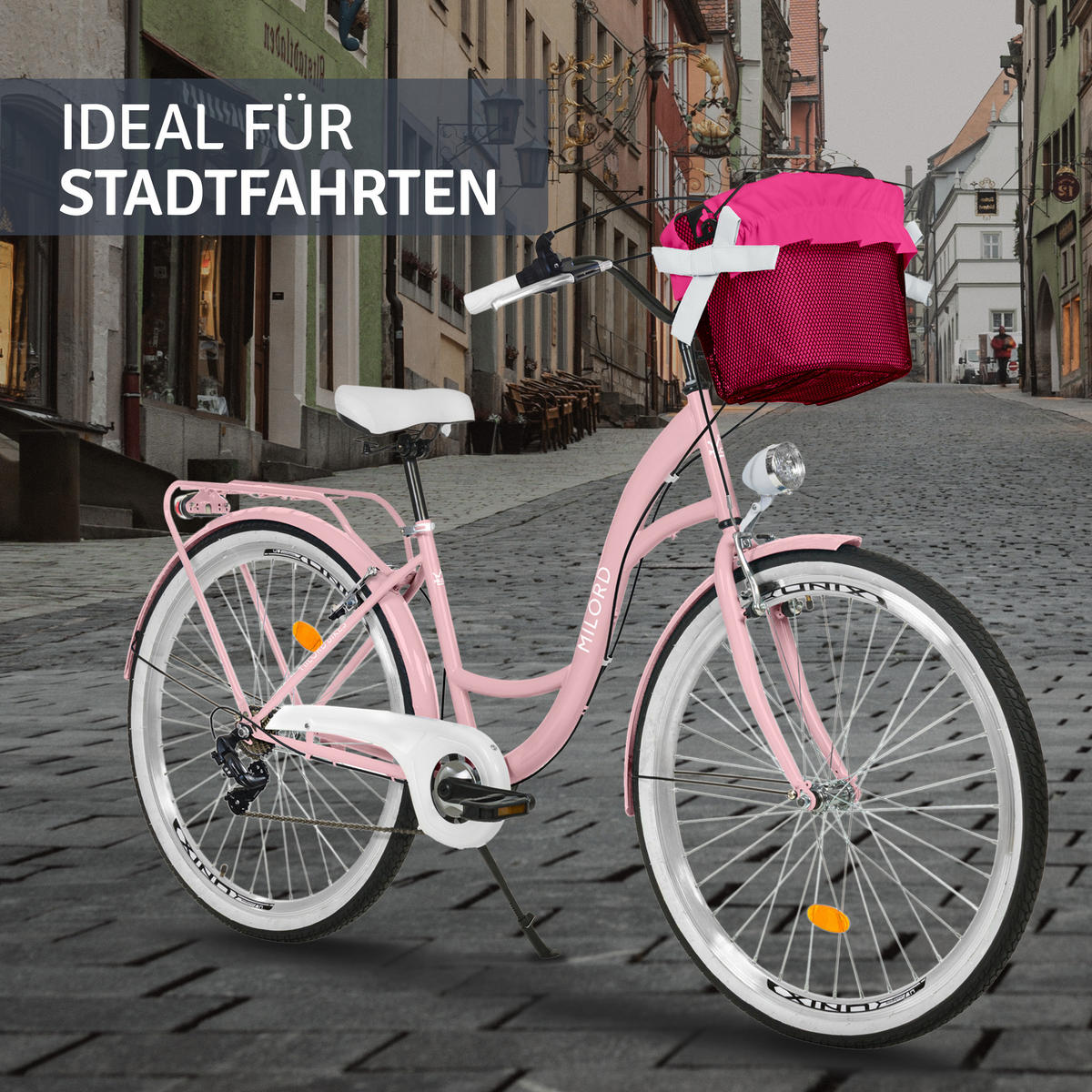 CITY-FAHRRAD Milord mit Metallkorb, 28 Zoll, Rosa, 7-Gang - Pink, Metall (46cm) - Milordbikes