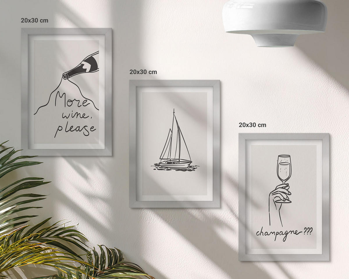 BILDER SET 3er Set - 20x30 cm Silberner Rahmen - Weinsegelboot-Glas-Linienzeichnung - Silberfarben, Kunststoff (20/30cm) - TULUP