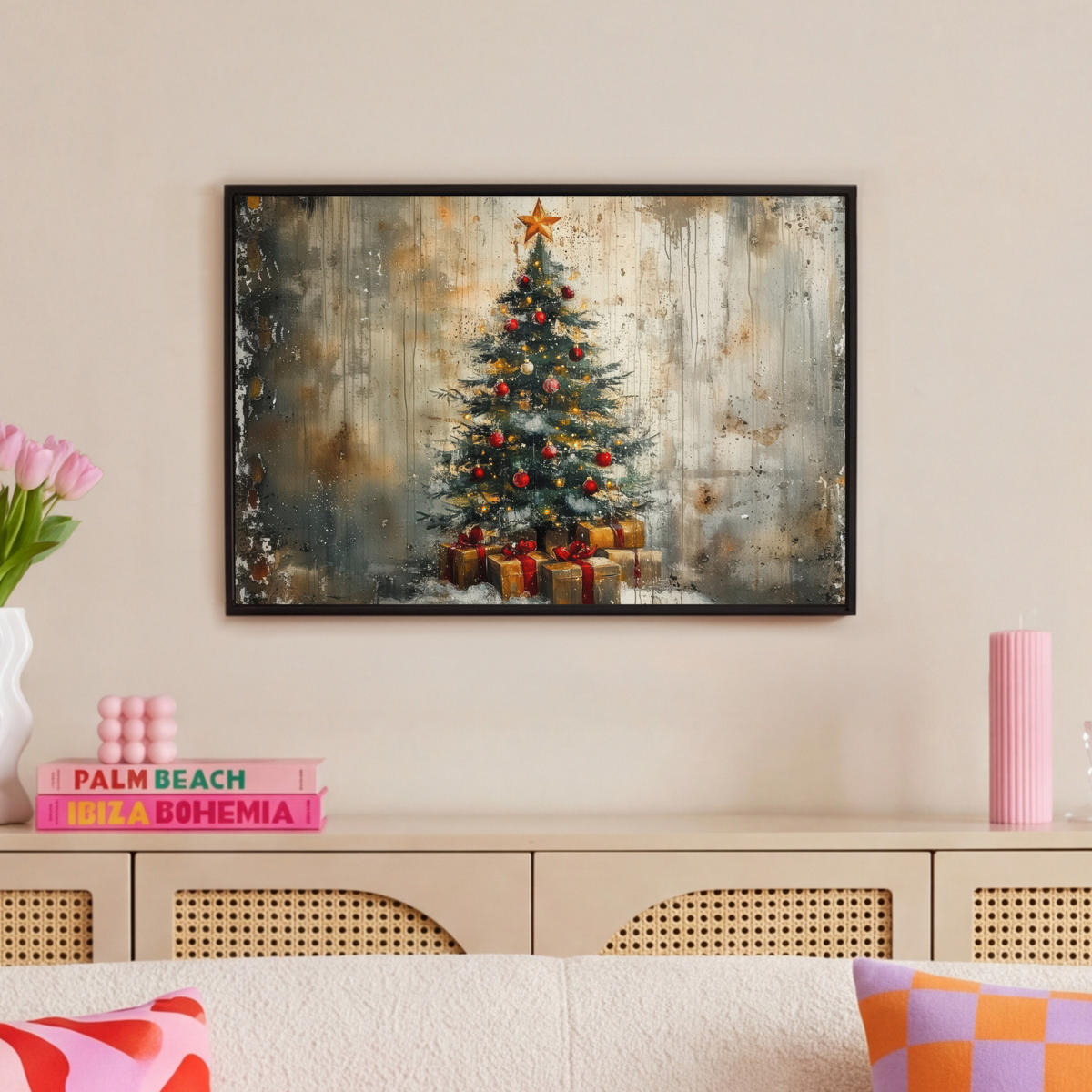 LEINWAND Bilder mit Rahmen - Weihnachtsbaum - Vintage - Weihnachten - Geschenk - 60x40 - Rostfarben, Textil (60/40cm) - MuchoWow