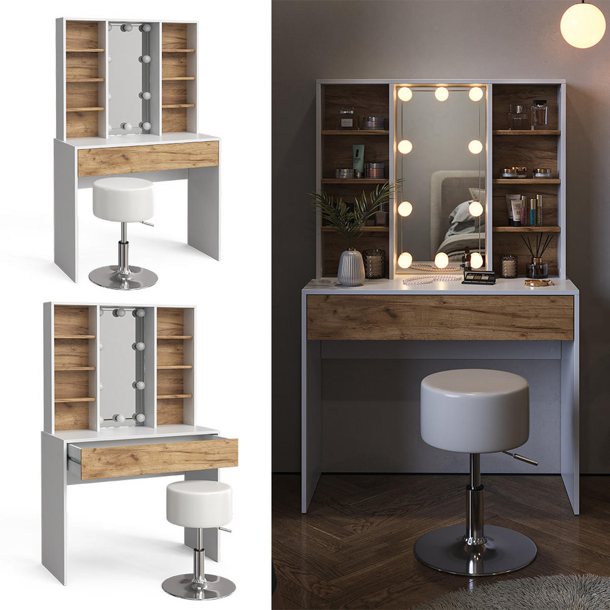 SCHMINKTISCH Alexa Goldkraft Eiche/Weiß 93 cm mit LED Beleuchtung und Hocker - Honigeiche/Weiß, Holzwerkstoff (93/147/40cm) - Vicco