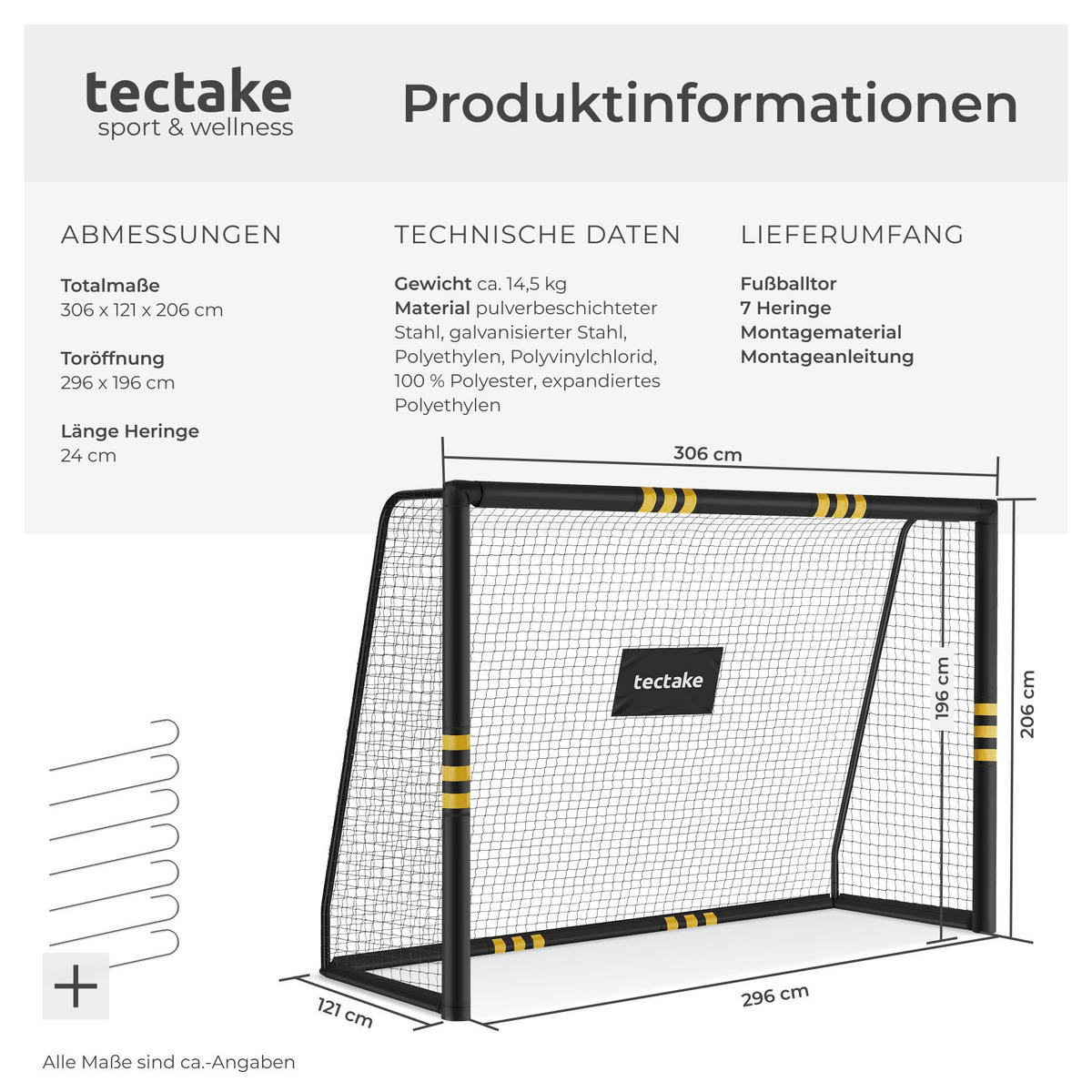 FUSSBALLTOR Harry, werkzeugloses Klicksystem, schwarz/gelb - Gelb/Schwarz, Kunststoff (306/121cm) - tectake