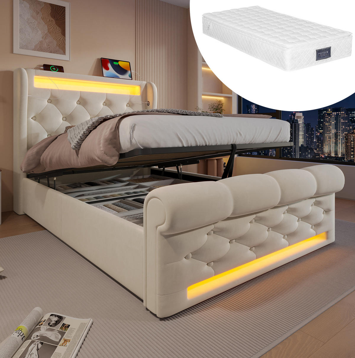 POLSTERBETT 90/200 cm Beige aus Samt mit LED und Stauraum - Beige, Textil (90/200cm) - OKMYHOME