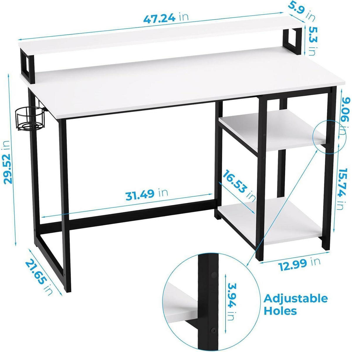 SCHREIBTISCH Weiß mit Regal und Monitorständer 120 x 55 cm - Weiß, Metall (120/55/75cm)