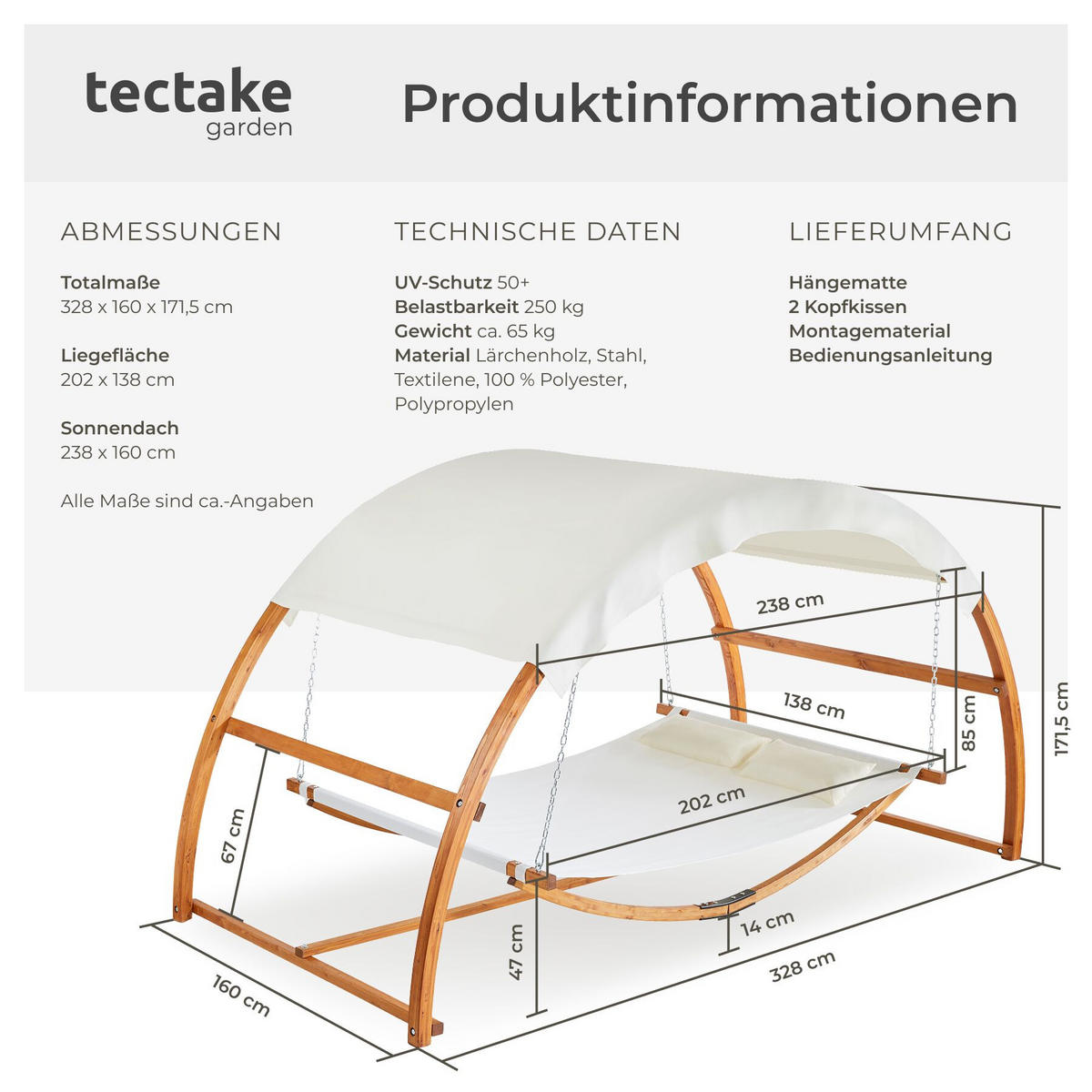 HÄNGEMATTE Locarno, Belastbarkeit 250 kg, 328 x 160 x 171,5 cm, teak - Teakfarben, Holz (160/171.5/328cm) - tectake