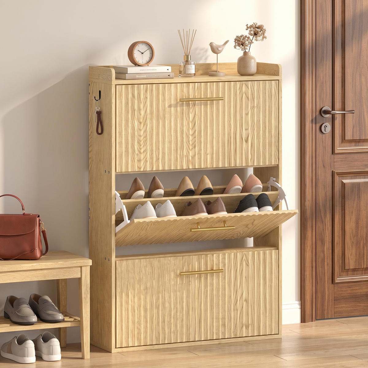 SCHUHSCHRANK MDF Hellbraun - Hellbraun, Holzwerkstoff/Metall (24/117.5/80cm) - HOMCOM