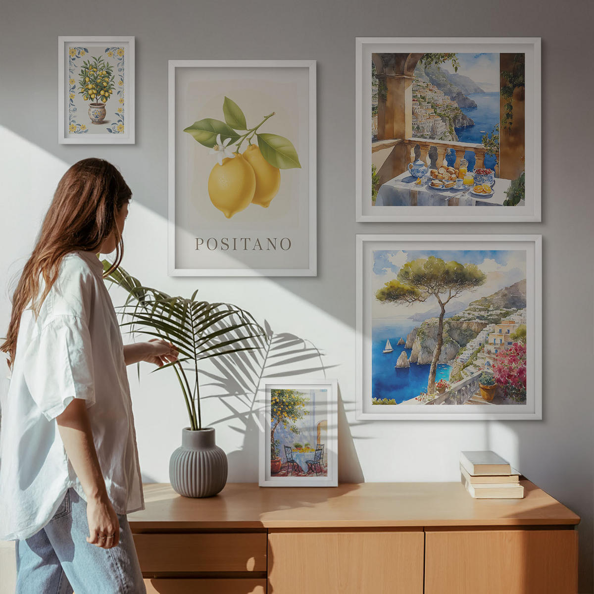 BILDER SET 5er Set - 50x50 cm & 20x30 cm & 40x60 cm Weißer Rahmen - Charmante Straßen mit Pflanzen - Weiß, Kunststoff (40/60cm) - TULUP
