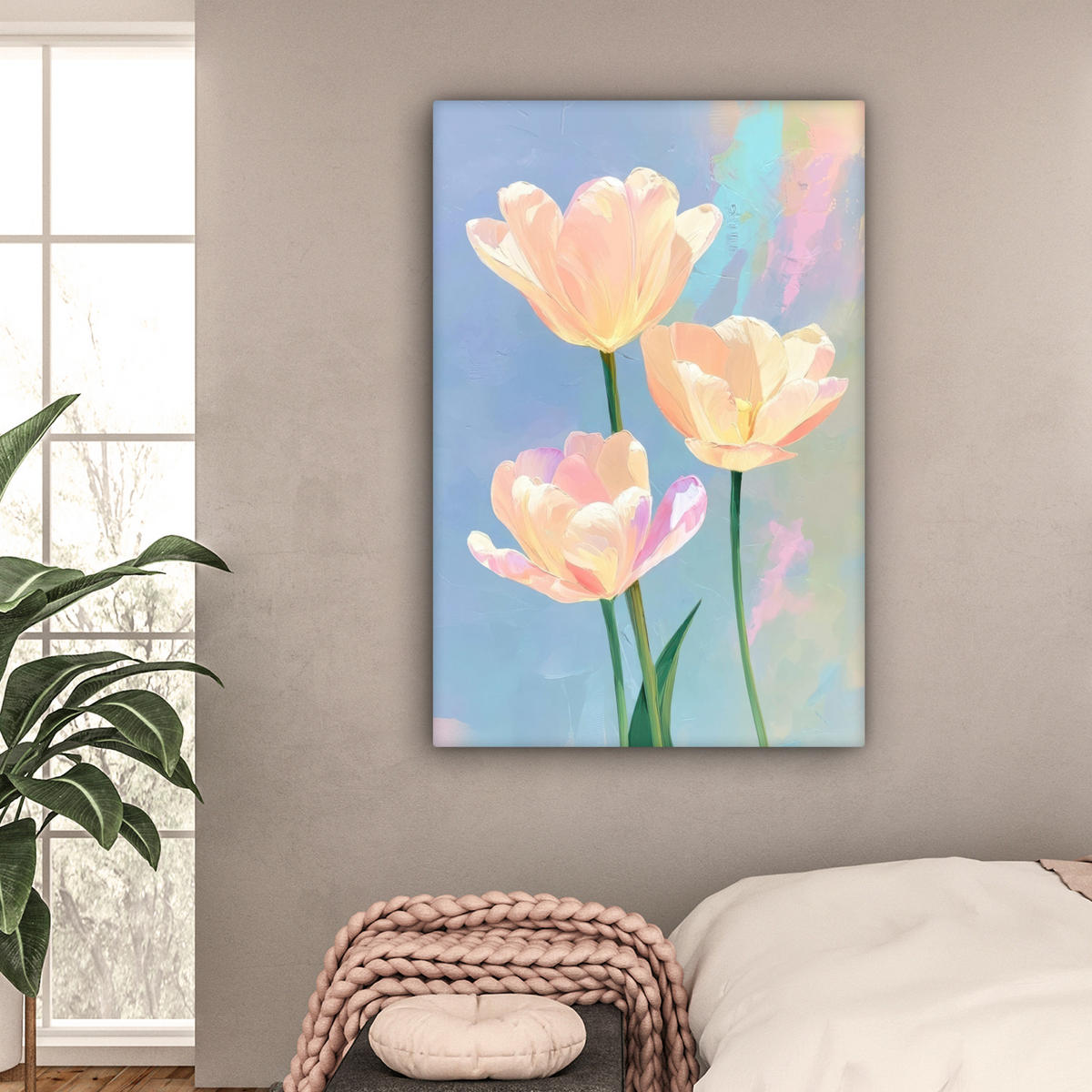 LEINWANDBILD Tulpen - Rosa Akzente - Blau Deko Groß 90x140 cm - Pastellblau, Textil (90/140cm) - MuchoWow