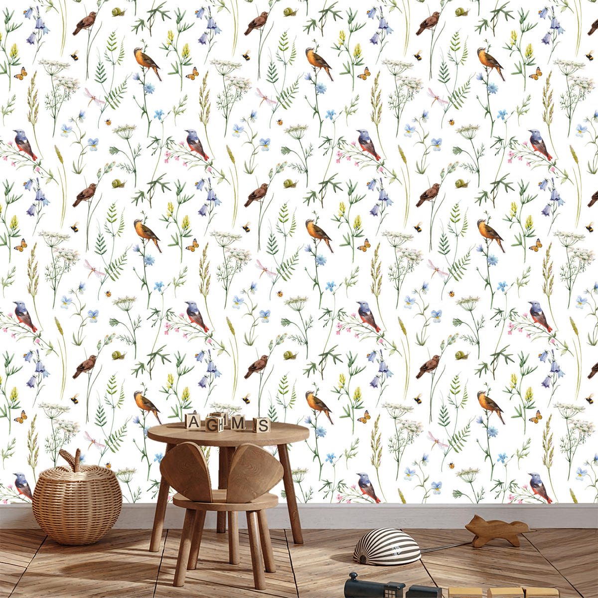VLIESTAPETE Vögel und Blütenzweige – Grün, Bunt, Weiß – 50x1000 cm - Multicolor/Weiß, Papier (50/1000cm) - Muralo