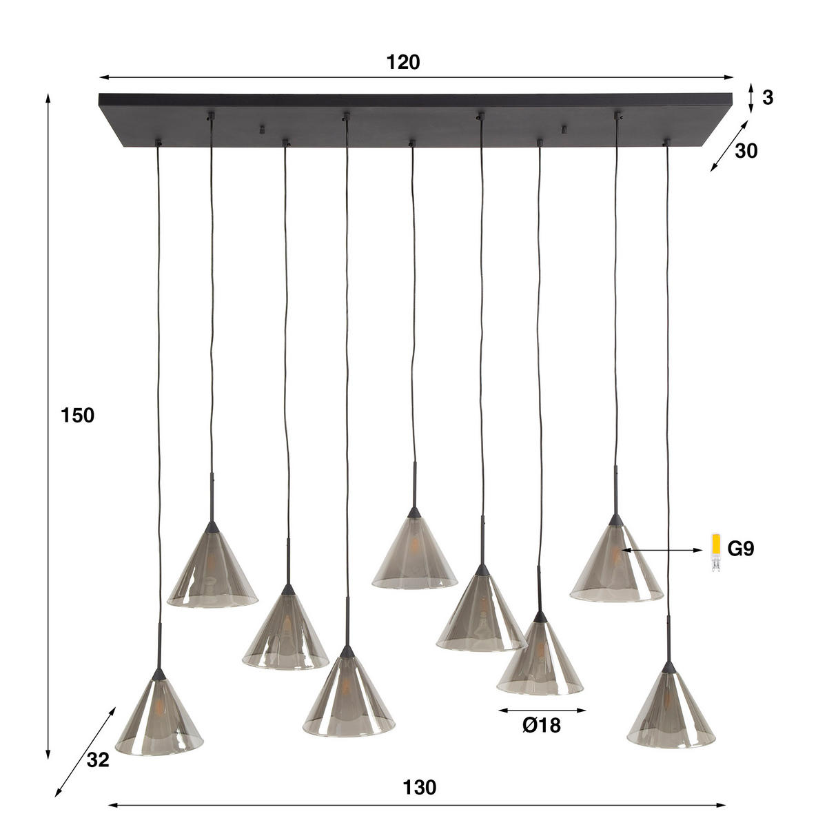HÄNGELEUCHTE konisch Grau 32/130/ 150 cm - Grau, Glas (32/130/150cm) - Hoyz Collection