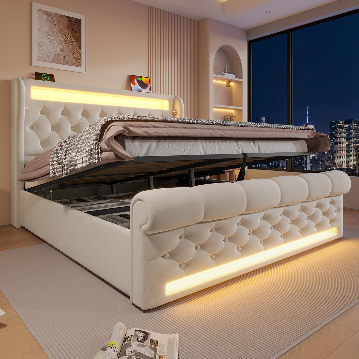 POLSTERBETT 140/200 cm Beige mit LED-Beleuchtung, Stauraum und USB- und Type-C-Anschlüssen - Beige, Textil (140/200cm) - Flora Grace