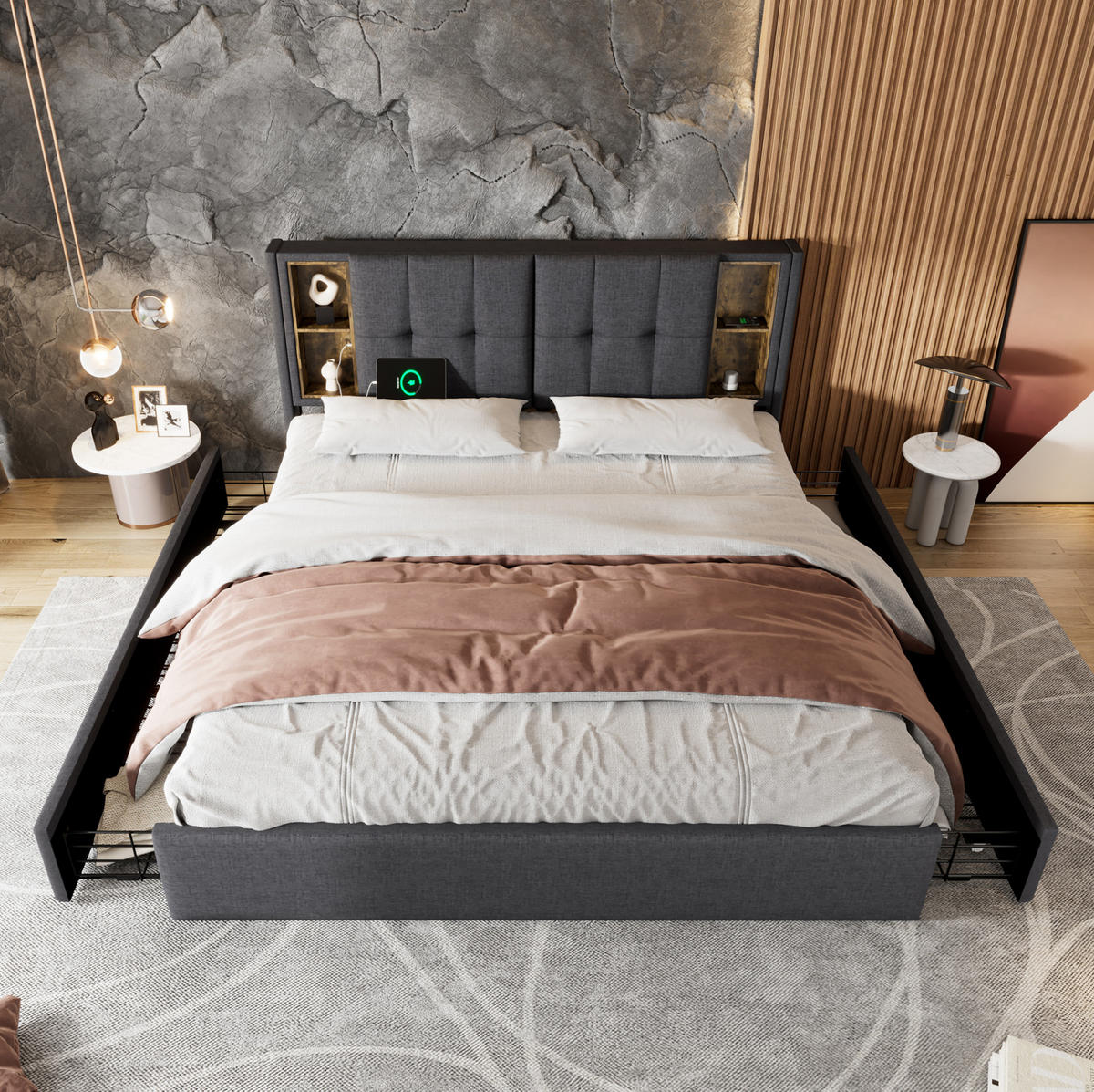 BETT mit 4 Schubladen und Ladestation 160x200 cm Leinen Grau - Grau, Metall (160/200cm) - Meubliv