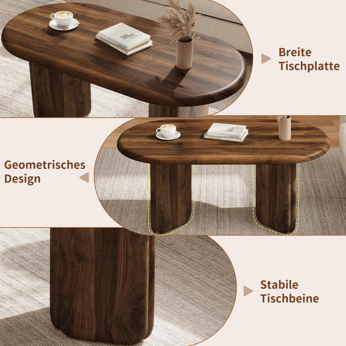 COUCHTISCH 99/50/40 cm in Nussbaumoptik mit ovaler Tischplatte und abgerundeten Beinen - Walnussfarben, Holzwerkstoff (50/99/40cm) - CHICFURN