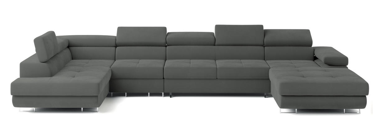 WOHNLANDSCHAFT VELORA L-S Grau Velours-Stoff mit Schlaffunktion - Grau, Holz (419/90/202cm) - MASSENO