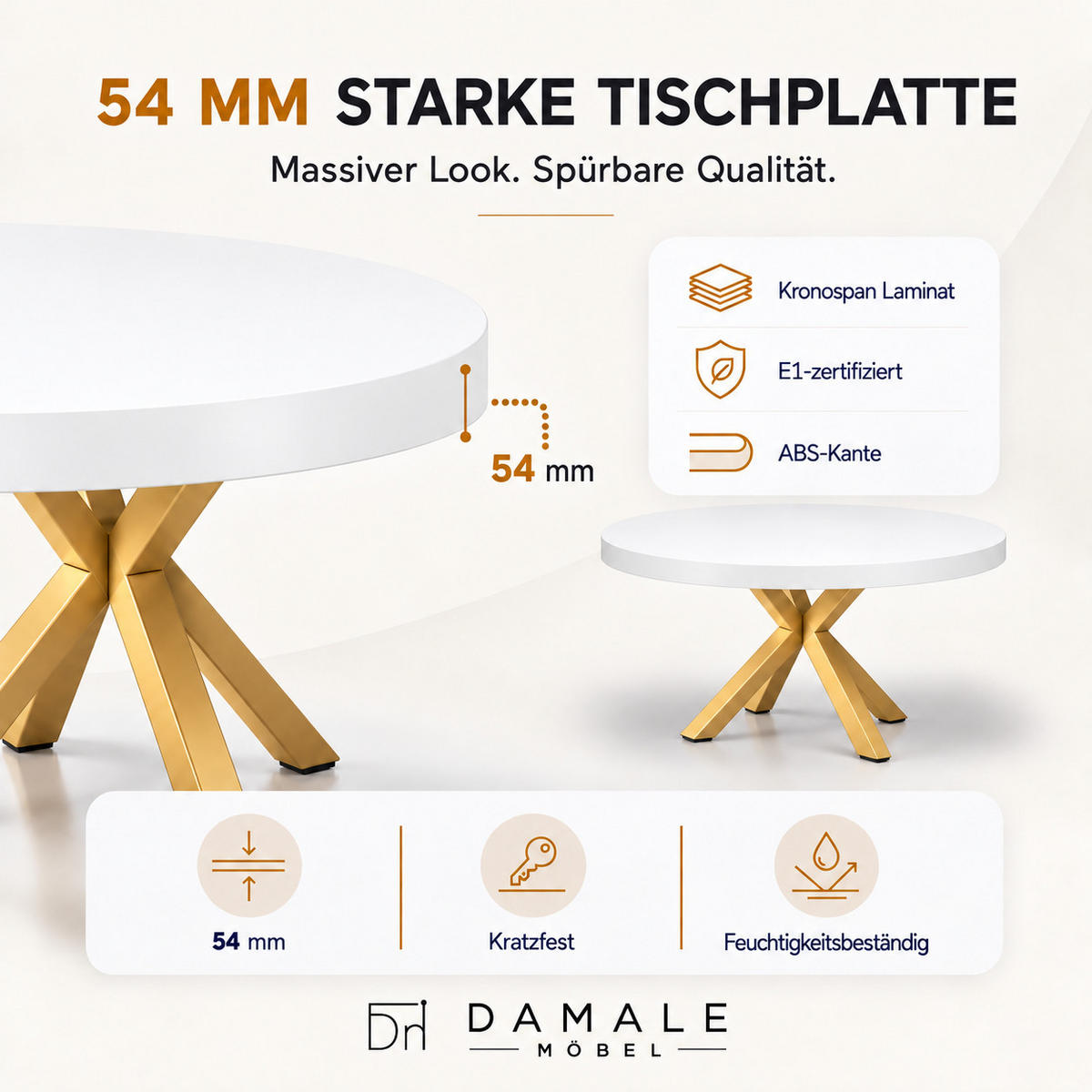 ESSTISCH rund ausziehbar 90/190/76 cm, Weiß, 54 cm Tischplatte + X Metallbeine Gold - Goldfarben/Weiß, Holzwerkstoff/Metall (90/190/76cm) - Damale Möbel